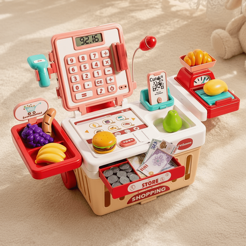 A children's toy shopping cart playset styled in a cozy nursery setting